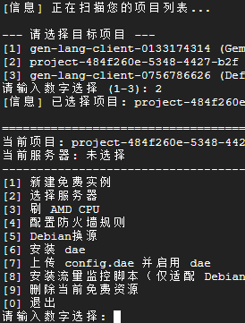 gcp_free 脚本主菜单：新建实例、防火墙、Debian 换源、dae 与流量监控