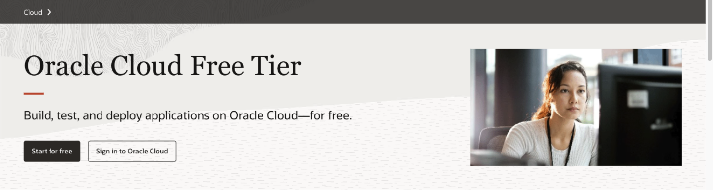 Oracle Cloud Free Tier 官网页面,Start for free 按钮
