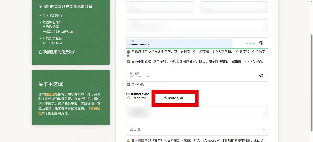 密码规则与 Individual 选项,注册页官方提示